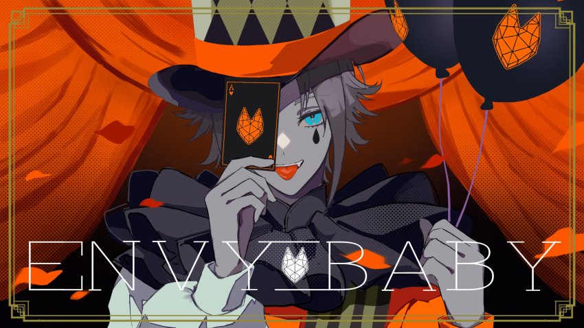 1boy, bad_id, bad_twitter_id, balloon, black_hat, blue_eyes, card, curtains