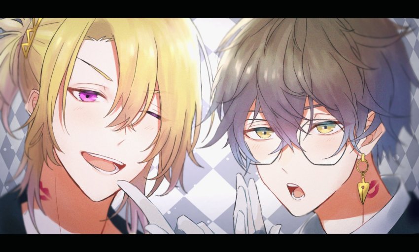 2boys, :o, bad_id, bad_twitter_id, brown_hair, earrings, glasses, gloves