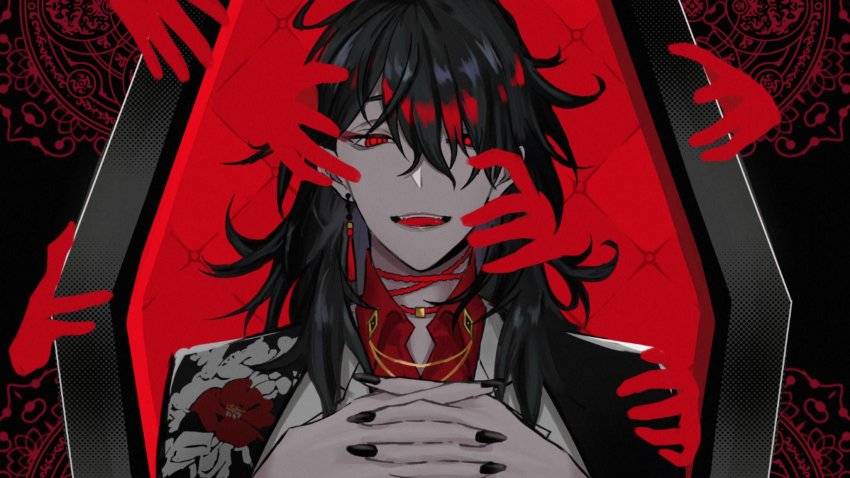 1boy, bad_id, bad_twitter_id, black_hair, black_nails, coffin, collared_shirt, eye_(vocaloid)