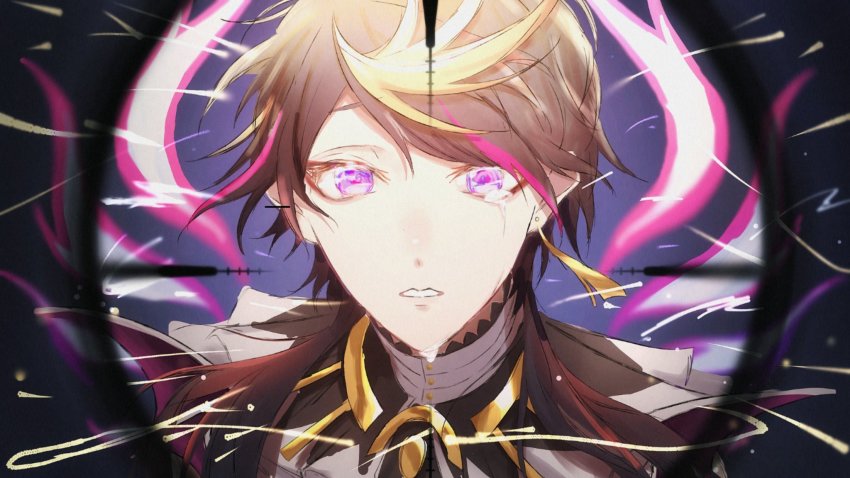 1boy, bad_id, bad_twitter_id, black_hair, blonde_hair, crosshair, crying, crying_with_eyes_open, earrings, eyebrows_hidden_by_hair, hibana_(vocaloid), highres, jewelry, looking_at_viewer, male_focus, multicolored_hair, nijisanji, nijisanji_en, ph7., pink_hair, portrait, purple_eyes, shu_yamino, single_earring, solo, streaked_hair, tears, virtual_youtuber, vocaloid