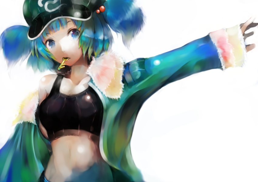 1girl, adapted_costume, bad_id, bad_pixiv_id, blue_eyes, blue_hair, crop_top, female_focus, hair_bobbles, hair_ornament, hat, inoe, inoe_(noie), kawashiro_nitori, key, matching_hair/eyes, midriff, mouth_hold, navel, short_hair, solo, sports_bra, touhou, twintails, two_side_up
