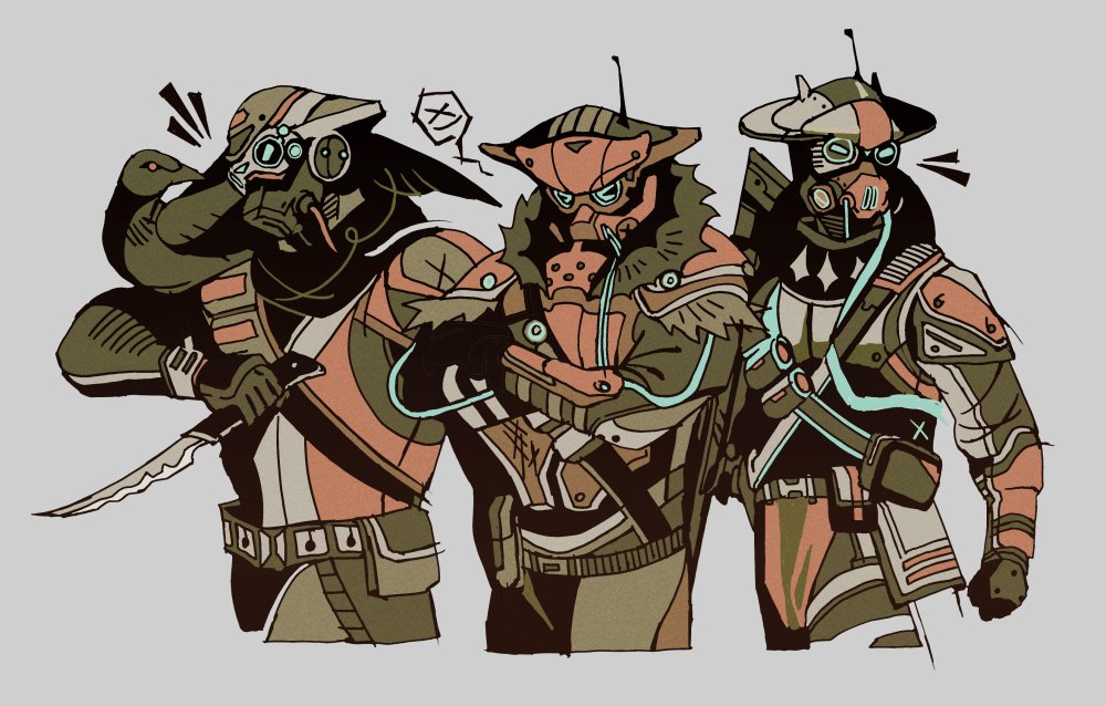 >_<, 1other, ambiguous_gender, animal, animal_on_shoulder, apex_hunter_bloodhound, apex_legends, bird, bird_on_shoulder, black_gloves, bloodhound_(apex_legends), blue_eyes, cable, clenched_hand, commentary, crow, english_commentary, fur_trim, gloves, goggles, head_tilt, helmet, holding, holding_knife, jyseph, knife, looking_down, multiple_views, official_alternate_costume