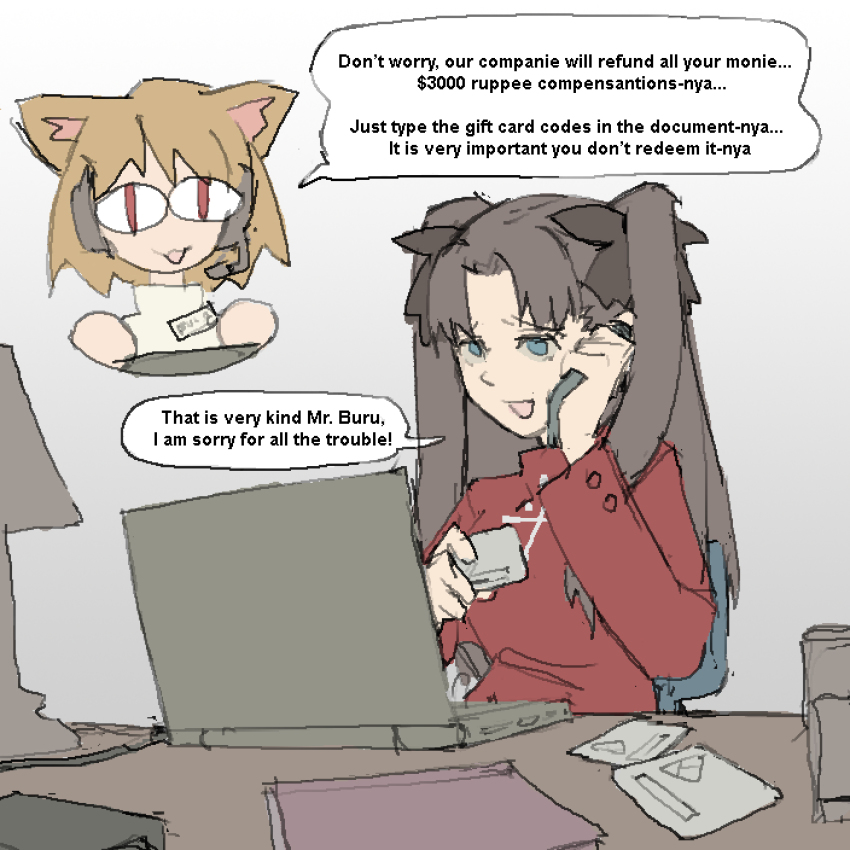2girls, :3, :d, at_computer, blonde_hair, blue_eyes, book, brown_hair, card, chair, chibi, commentary, computer, credit_card, desi, desk, desk_lamp, english_commentary, english_text, fate/stay_night, fate_(series), furrowed_brow, grey_background, hair_ribbon, headset, highres, holding, holding_card, holding_phone, inset, lamp, laptop, long_hair, looking_at_viewer, multiple_girls, name_tag, neco-arc, office_chair, open_mouth, pantsu-ripper, phone, red_eyes, red_sweater, ribbon, scam, simple_background, sitting, sketch, slit_pupils, smile, sweater, swivel_chair, tech_support, tohsaka_rin, tsukihime, turtleneck, turtleneck_sweater, two_side_up, upper_body