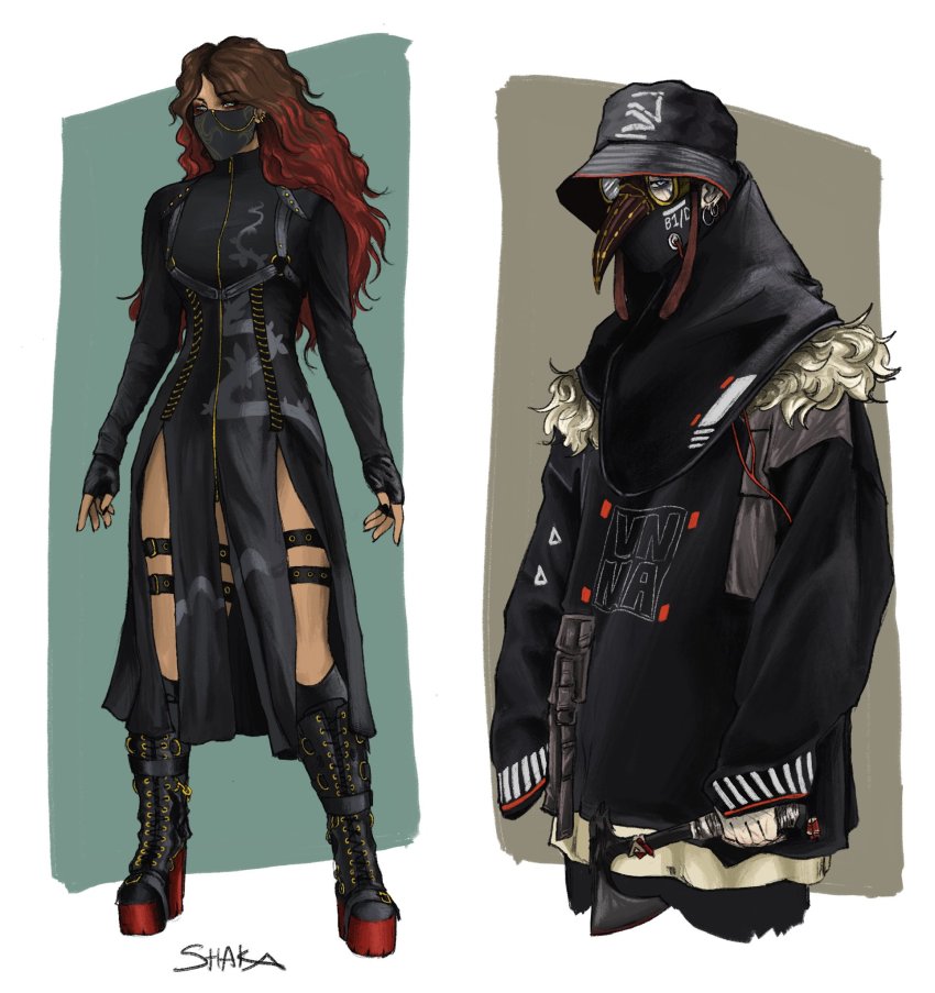 1girl, 1other, adapted_costume, alternate_costume, ambiguous_gender, apex_legends, axe, black_footwear, black_headwear, black_jacket, bloodhound_(apex_legends), boots, brown_hair, bucket_hat, commentary, english_commentary, fashion, fingerless_gloves, fur_trim, gloves, gradient_hair, hat, highres, holding, holding_axe, jacket, loba_(apex_legends), long_sleeves, mask, mouth_mask, multicolored_hair, platform_boots, platform_footwear, raven's_bite, red_hair, road_warrior_bloodhound, shaka_(shenketsu), sleeves_past_fingers, sleeves_past_wrists, thigh_strap