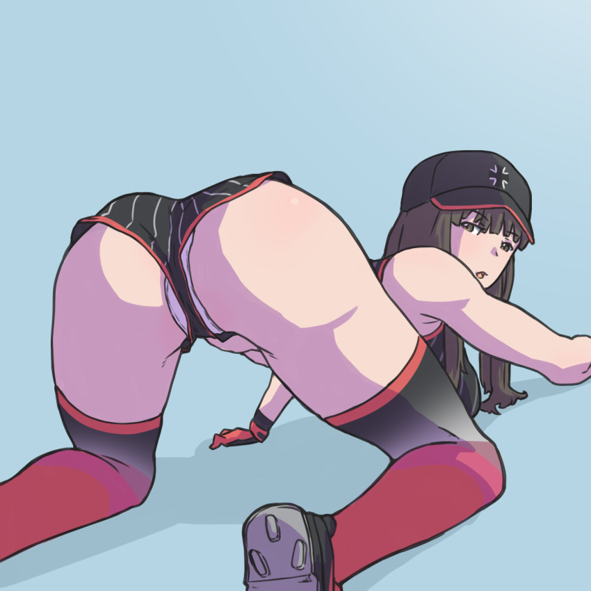 1girl, all_fours, ass, baseball_cap, baseball_uniform, black_eyes, black_hair, black_hat, black_shirt, black_shoes, black_shorts, black_thighhighs, blue_background, blunt_bangs, cleats, commentary, cosplay, cross, dutch_angle, emblem, english_commentary, from_behind, girls_und_panzer, girls_und_panzer_senshadou_daisakusen!, gradient_legwear, hat, highres, huaronanago, iron_cross, long_hair, looking_at_viewer, looking_back, mature_female, nishizumi_maho, nishizumi_maho_(cosplay), nishizumi_shiho, open_mouth, panties, panty_peek, red_thighhighs, shadow, shirt, shoes, shorts, simple_background, sleeveless, sleeveless_shirt, solo, sportswear, straight_hair, striped_clothes, striped_shirt, striped_shorts, thighhighs, underwear, vertical_stripes, white_panties