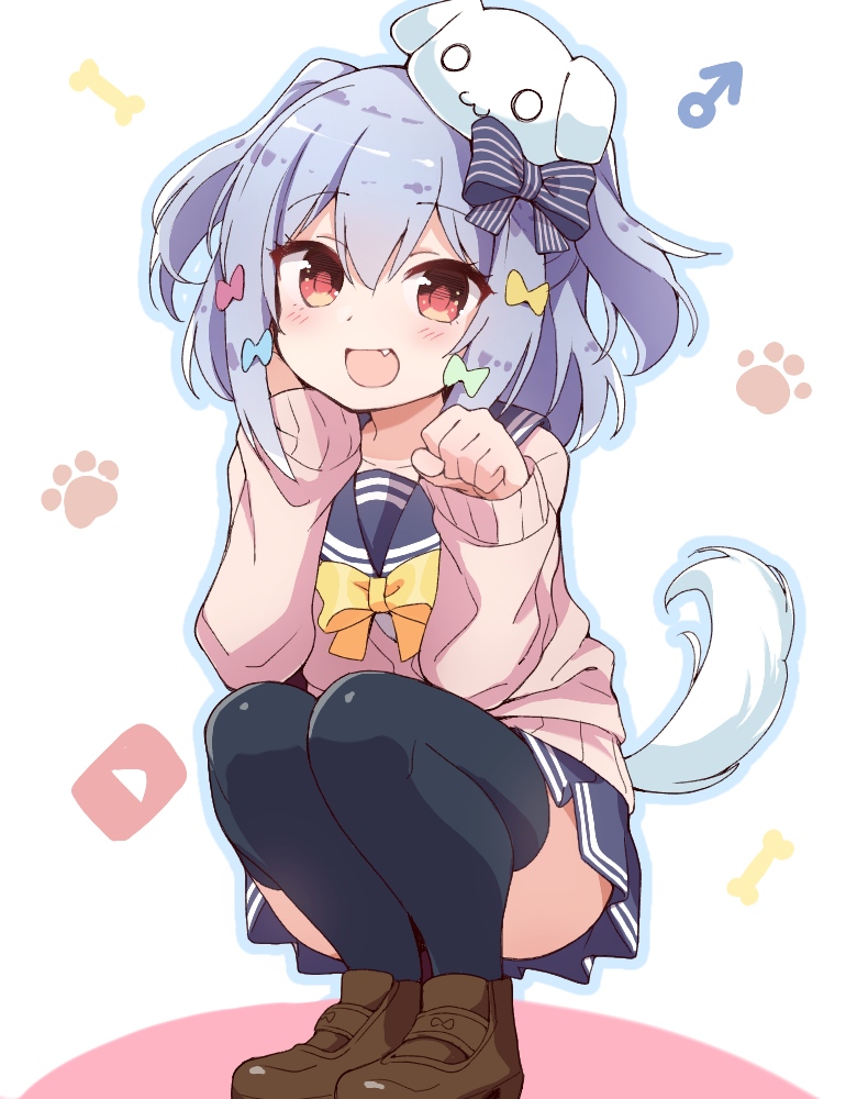 1boy, blue_hair, bow, bowtie, dog_boy, dog_hair_ornament, dog_tail, double_horizontal_stripe