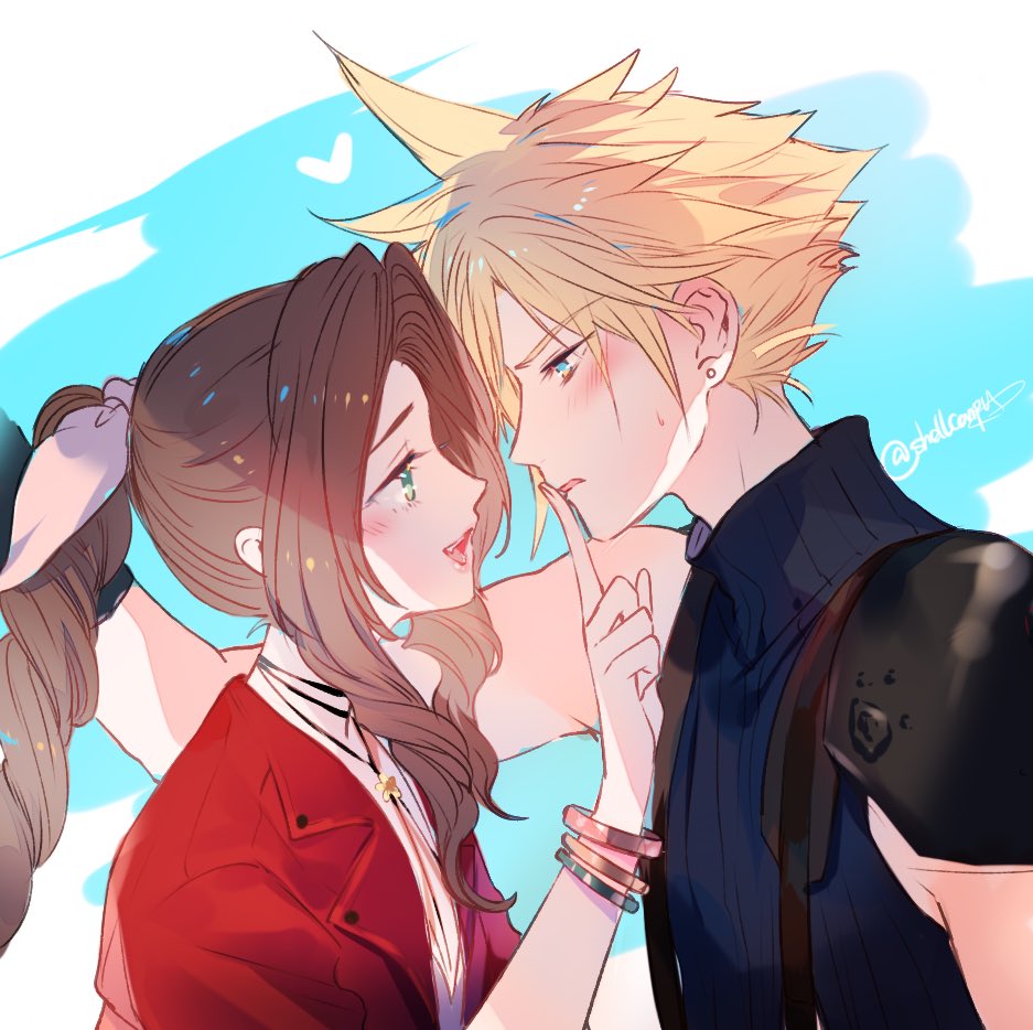 1boy, 1girl, aerith_gainsborough, armor, blonde_hair, blue_background, blue_eyes, blush, bracelet, braid, braided_ponytail, brown_hair, choker, cloud_strife, earrings, final_fantasy, final_fantasy_vii, final_fantasy_vii_remake, finger_to_another's_mouth, floves, green_eyes, hetero, jacket, jewelry, necklace, red_jacket, ribbon, shell_(shell518), shoulder_armor, spiked_hair, square_enix, suspenders, sweatdrop, turtleneck, wavy_hair