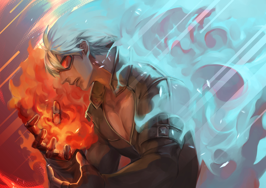 1boy, absurdres, black_jacket, cry_sinkai, dark-skinned_male, dark_skin, fire, from_side