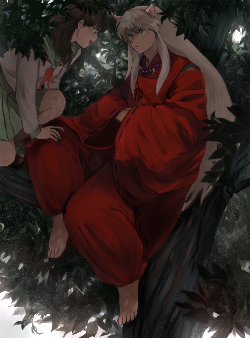 1boy, 1girl, animal_ears, barefoot, black_eyes, black_hair, branch, crossed_arms