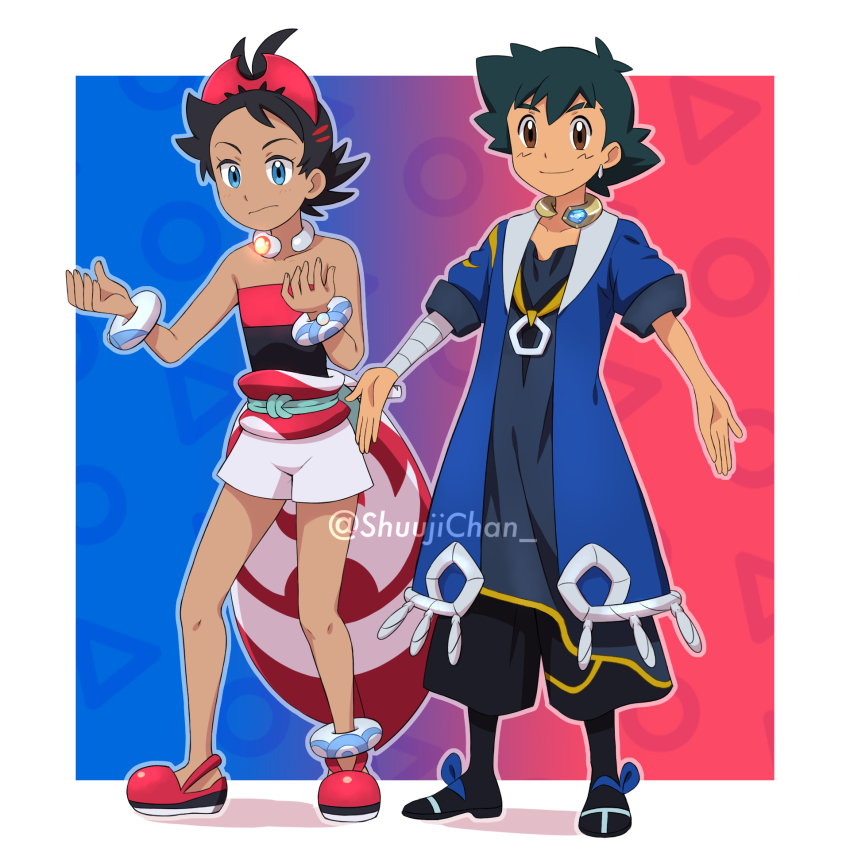 2boys, adaman_(pokemon), adaman_(pokemon)_(cosplay), anklet, antenna_hair, ash_ketchum, black_hair, blouse, blue_coat, blue_eyes, bracelet, brown_eyes, closed_mouth, coat, collar, collarbone, commentary, cosplay, earrings, eyelashes, goh_(pokemon), hairband, hands_up, highres, irida_(pokemon), irida_(pokemon)_(cosplay), jewelry, knees, male_focus, multiple_boys, neck_ring, nintendo, open_clothes, open_coat, pokemon, pokemon_(anime), pokemon_journeys, pokemon_legends:_arceus, red_footwear, red_hairband, red_shirt, sara_bon, shirt, shoes, short_hair, short_sleeves, shorts, smile, standing, strapless, strapless_shirt, watermark, white_shorts