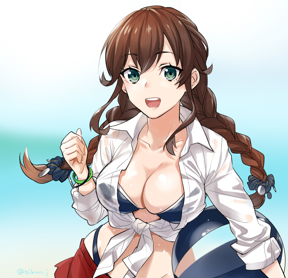 1girl, ball, beachball, bikini, bikini_under_clothes, black_bikini, braid, breasts