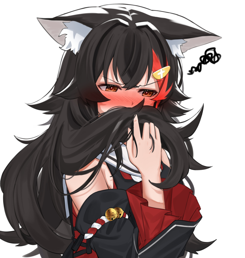 1girl, animal_ear_fluff, animal_ears, bell, black_hair, brown_eyes, commentary_request, covering_own_mouth