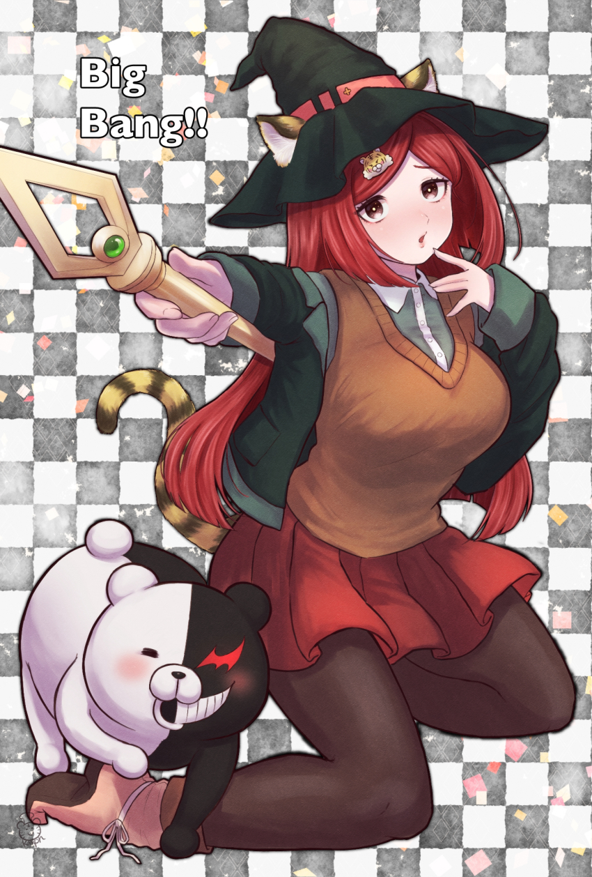 1girl, :o, alternate_breast_size, alternate_hair_ornament, animal_ears, black_jacket, breasts, brown_pantyhose, brown_vest, checkered_background, collared_shirt, commentary_request, danganronpa_(series), danganronpa_v3:_killing_harmony, english_text, foreshortening, grey_background, grey_shirt, hair_ornament, hand_up, hat, highres, holding, holding_staff, jacket, kuma_pan_(bearbread624), large_breasts, long_hair, long_sleeves, looking_at_viewer, miniskirt, monokuma, open_mouth, pantyhose, pleated_skirt, red_hair, red_skirt, shirt, skirt, staff, tail, tiger_ears, tiger_hair_ornament, tiger_tail, vest, white_shirt, witch_hat, yumeno_himiko