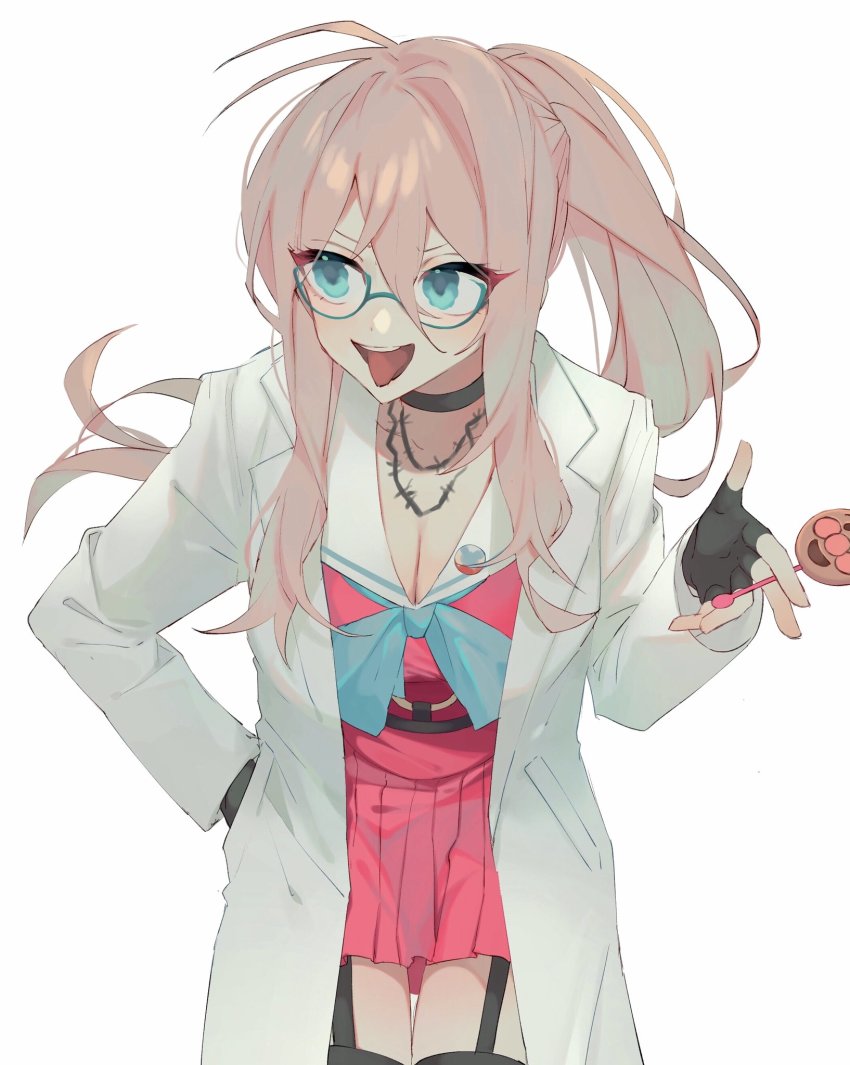 1girl, :d, alternate_costume, barbed_wire, black_choker, black_gloves, blonde_hair, blue_eyes