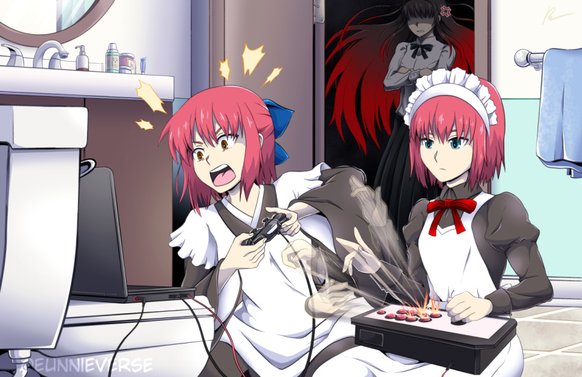 3girls, afterimage, apron, arcade_stick, artist_name, black_dress, black_kimono, black_skirt