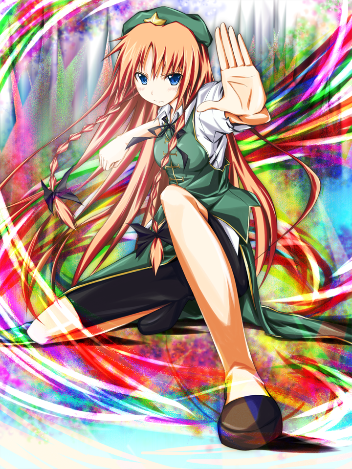 1girl, an_(angular-angler), bad_id, bad_pixiv_id, blue_eyes, braid, china_dress, chinese_clothes, dress, ex-meiling, female_focus, fighting_stance, full_body, hat, hong_meiling, immaterial_and_missing_power, long_hair, rainbow_aura, red_hair, solo, touhou, twin_braids