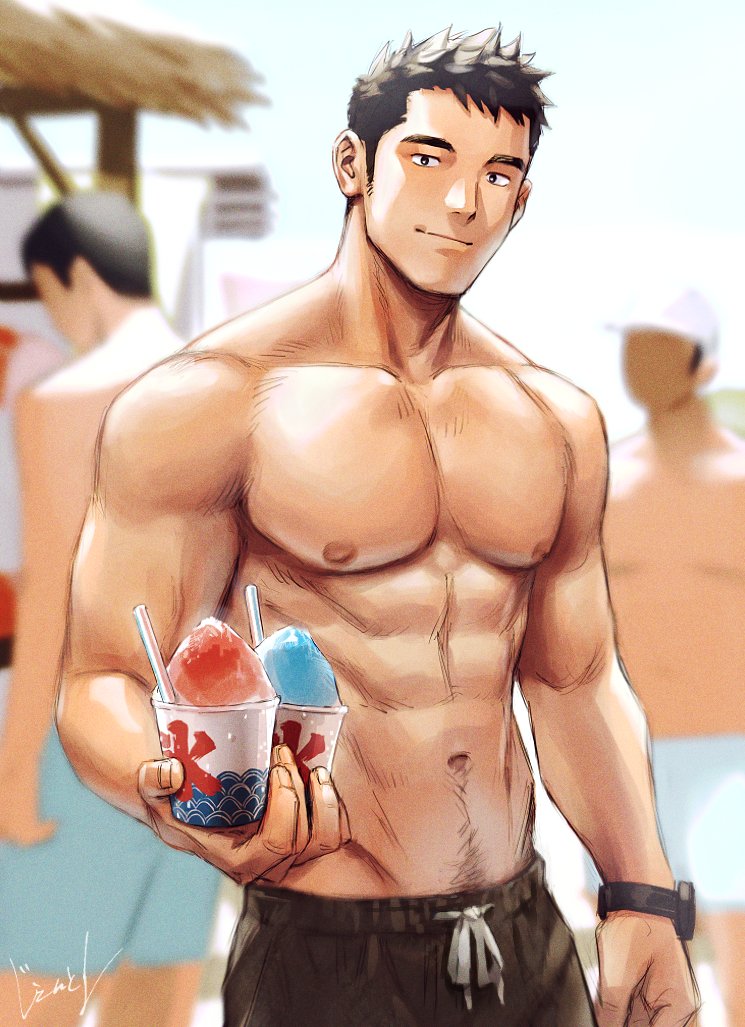 1boy, abs, bara, commentary_request, food, gentle2nd, large_pectorals, looking_at_viewer