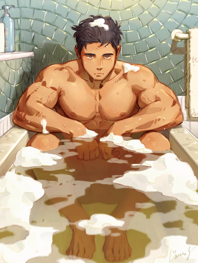 1boy, abs, bara, barefoot, bathtub, black_hair, closed_mouth, gentle2nd