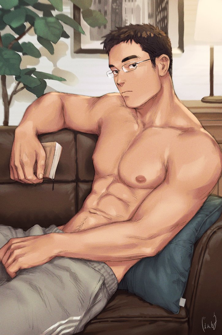 1boy, abs, bara, brown_hair, closed_mouth, commentary, gentle2nd, glasses
