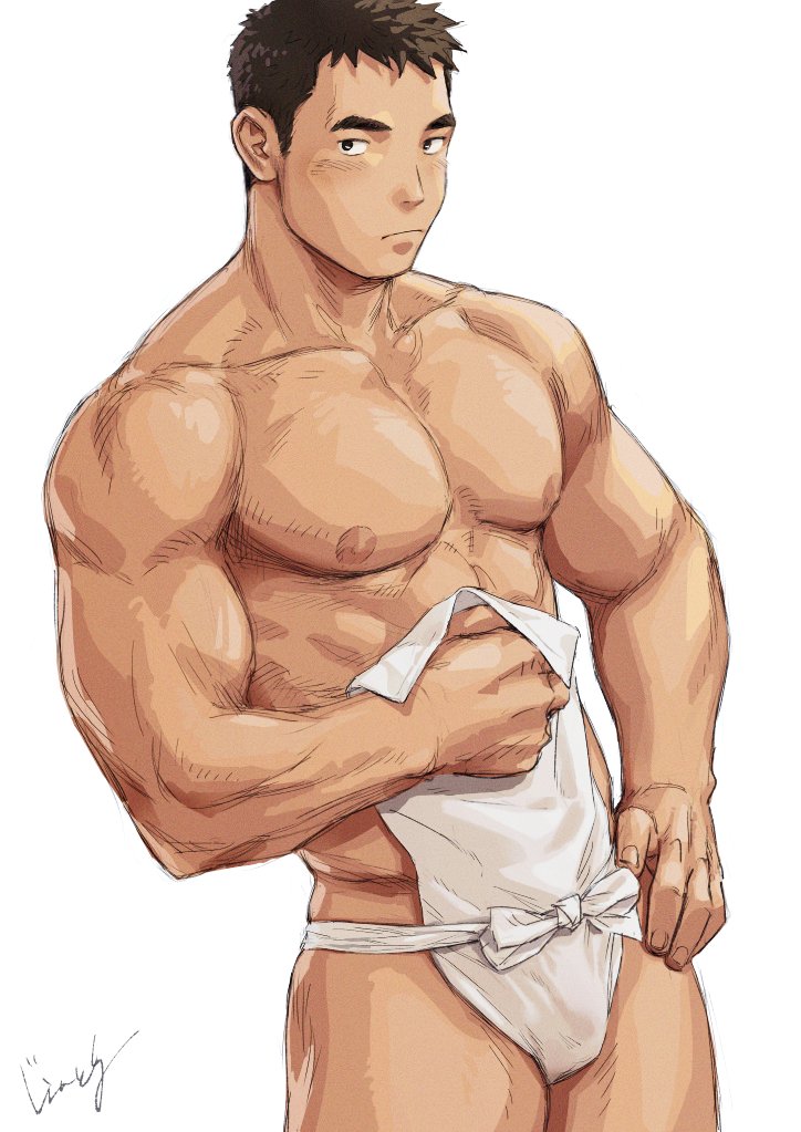 1boy, abs, bara, closed_mouth, commentary, fundoshi, gentle2nd, japanese_clothes