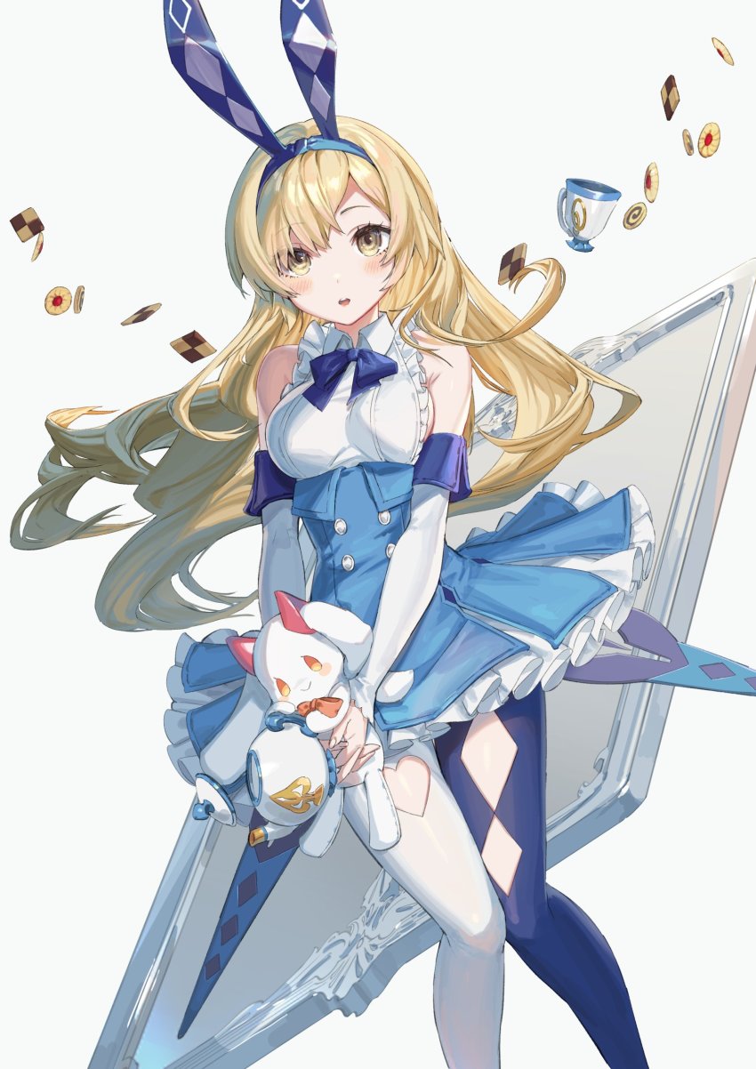 1girl, alice_(masterwork_apocalypse), animal_ear_headwear, animal_ears, argyle_clothes, diamond_cutout, asymmetrical_legwear, blonde_hair