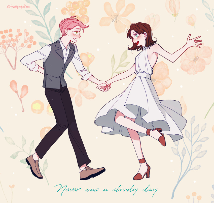 1boy, 1girl, aged_down, bare_shoulders, blue_eyes, brown_hair, couple, dancing