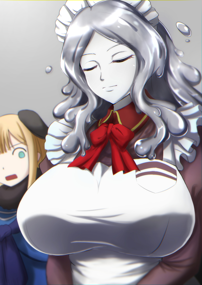 2girls, apron, aqua_eyes, beret, black_headwear, blonde_hair, blue_jacket, blue_scarf