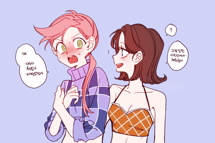 1boy, 1girl, aged_down, blue_eyes, blush, breasts, brown_hair, cleavage, crop_top, diavolo, donatella_una, freckles, green_eyes, halterneck, hetero, jojo_no_kimyou_na_bouken, long_hair, pink_hair, sempon_(doppio_note), speech_bubble, sweatdrop, sweater, turtleneck, vento_aureo, vinegar_doppio, yellow_eyes