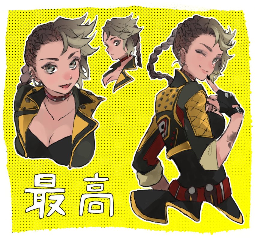 1girl, animification, apex_legends, black_gloves, blonde_hair, border, breaking_the_law_loba, breasts