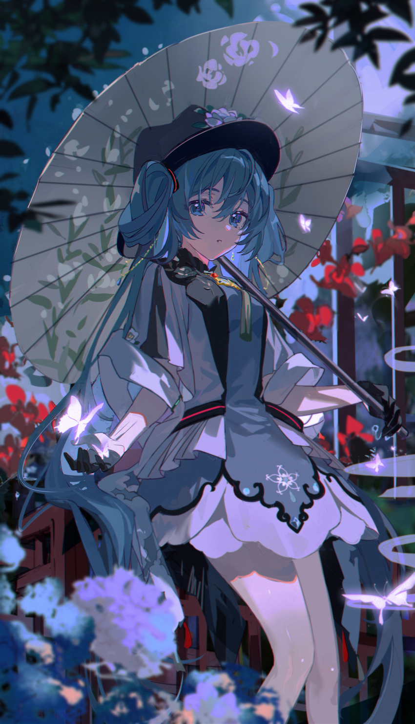 1girl, absurdres, black_gloves, black_hat, blue_dress, blue_eyes, blue_flower, blue_hair