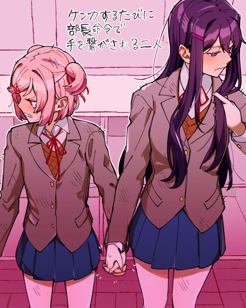 2girls, blazer, blue_skirt, blush, brown_jacket, classroom, clenched_teeth, doki_doki_literature_club, embarrassed, hand_in_own_hair, highres, holding_hands, jacket, long_hair, looking_to_the_side, multiple_girls, natsuki_(doki_doki_literature_club), pink_eyes, pink_hair, purple_hair, school_uniform, shishima_eichi, short_hair, skirt, teeth, translation_request, twintails, yuri, yuri_(doki_doki_literature_club)