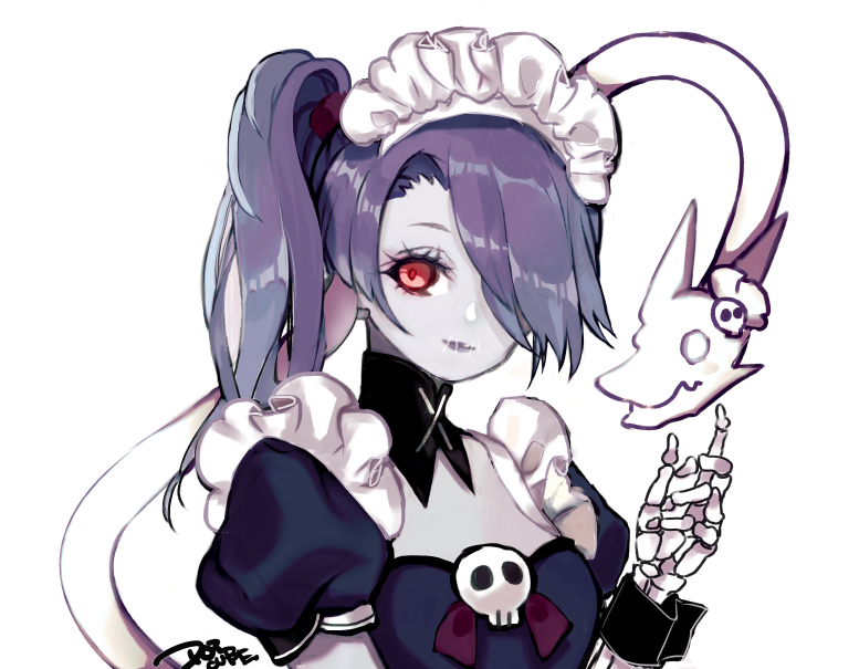 1girl, alternate_color, blue_hair, blue_skin, colored_skin, detached_collar, dotcube, frilled_shirt_collar, frills, hair_over_one_eye, juliet_sleeves, leviathan_(skullgirls), long_sleeves, maid_headdress, puffy_sleeves, red_eyes, side_ponytail, skeletal_arm, skullgirls, smile, solo, squigly_(skullgirls), stitched_mouth, stitches, upper_body, white_background, zombie