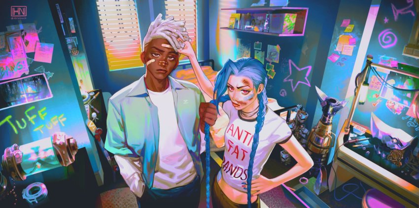 1boy, 1girl, alternate_costume, arcane:_league_of_legends, asymmetrical_bangs, bandaid, bandaid_on_face, bed