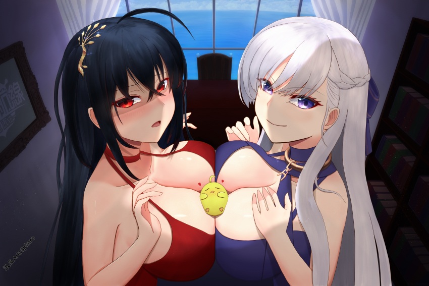 2girls, absurdres, aricsphere1, artist_name, azur_lane, belfast_(azur_lane), belfast_(the_noble_attendant)_(azur_lane), black_hair, book, bookshelf, braid, breast_press, breasts, broken, broken_chain, chain, chair, choker, cleavage, cocktail_dress, collar, criss-cross_halter, crossed_bangs, dress, evening_gown, hair_between_eyes, half_up_braid, halter_dress, halterneck, hand_on_own_chest, heart, highres, indoors, large_breasts, light_purple_hair, long_hair, looking_at_viewer, manjuu_(azur_lane), multiple_girls, official_alternate_costume, purple_dress, purple_eyes, red_choker, red_dress, red_eyes, shaded_face, silver_hair, sleeveless, sleeveless_dress, symmetrical_docking, taihou_(azur_lane), taihou_(forbidden_fruit)_(azur_lane), upper_body, window