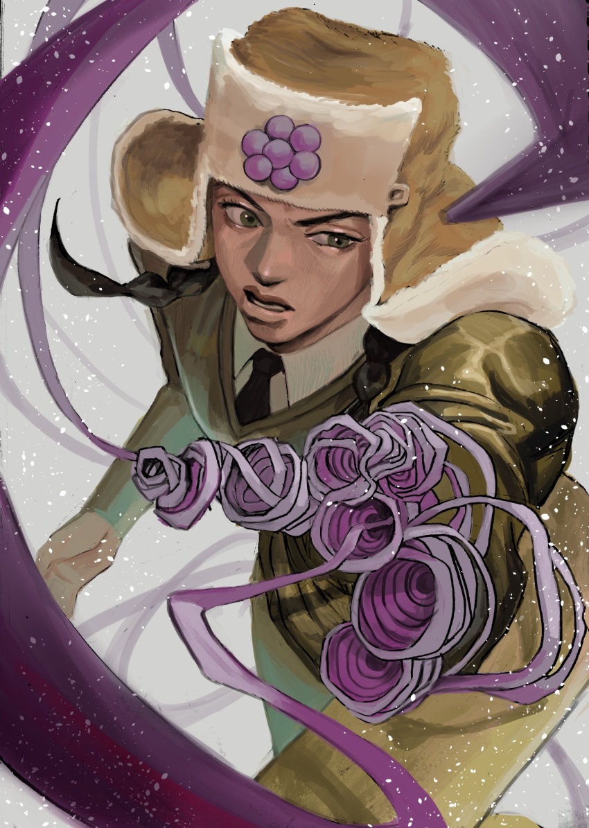 1boy, black_hair, bomber_hat, braid, brown_coat, brown_eyes, coat, doggy_style_(stand)