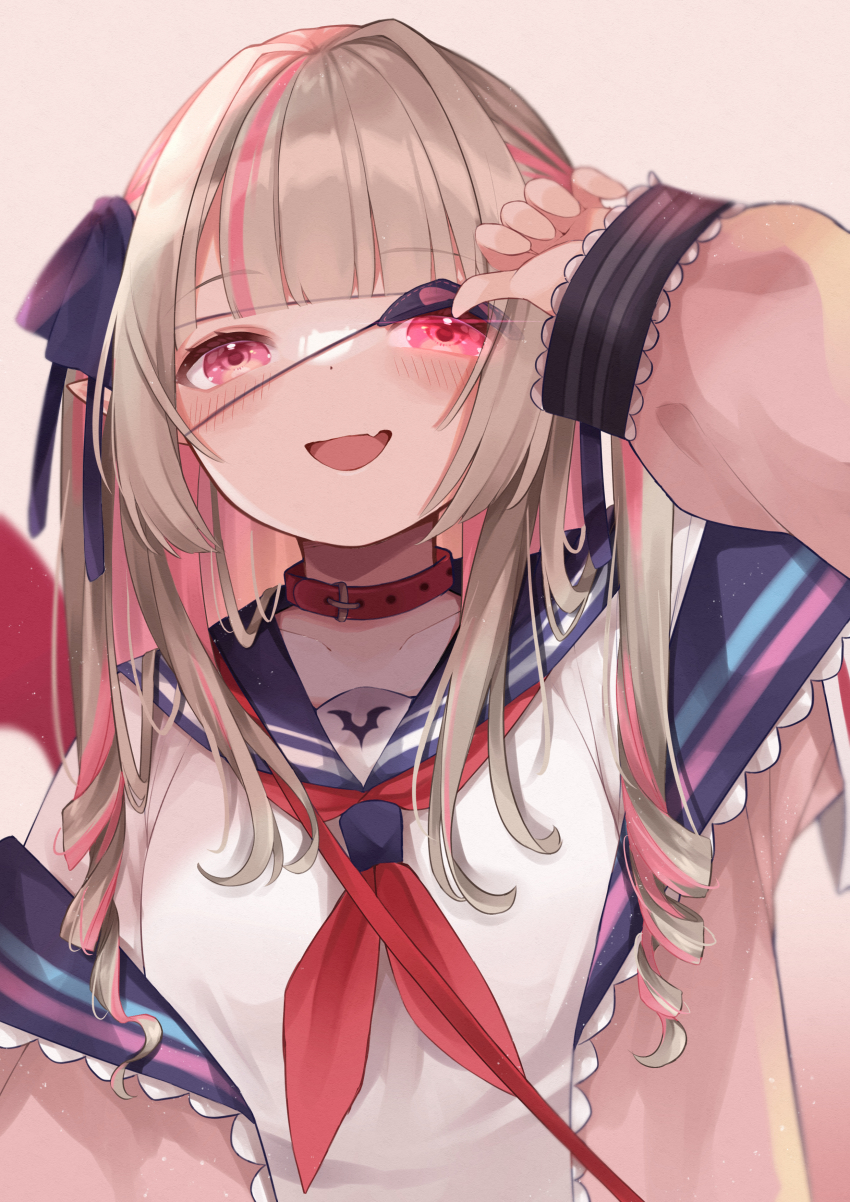 1girl, absurdres, bad_id, bad_pixiv_id, black_ribbon, blonde_hair, collar, collarbone