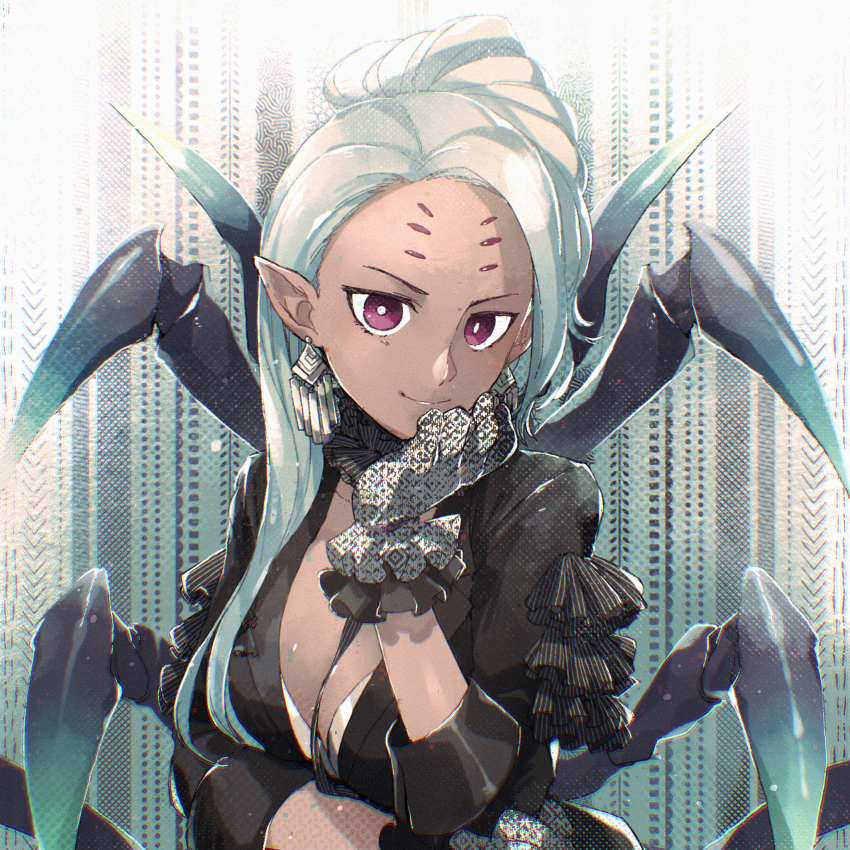 1girl, arachne_(housamo), arthropod_girl, arthropod_limbs, asymmetrical_hair, black_suit, breasts, cleavage, dark-skinned_female, dark_skin, earrings, extra_eyes, filtered, formal_clothes, frills, gloves, hand_on_own_face, highres, insect_girl, jewelry, jinnai10, large_breasts, long_hair, looking_at_viewer, pink_eyes, pointy_ears, ponytail, smile, solo, spider_girl, suit, tokyo_houkago_summoners