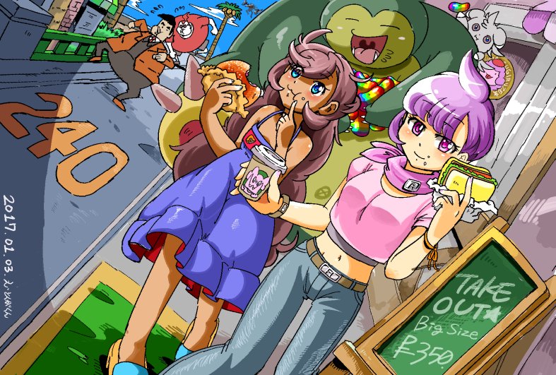 2017, 2boys, 2girls, alolan_form, alternate_costume, anabel_(pokemon), belt, belt_buckle