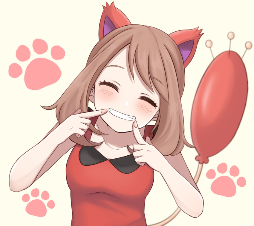 1girl, animal_ears, bare_arms, blush, breasts, brown_hair, closed_eyes, collarbone, commentary, cosplay, eyelashes, fingernails, fingersmile, gen_3_pokemon, grin, hands_up, highres, long_hair, may_(pokemon), nasakixoc, nintendo, paw_print, paw_print_background, pokemon, pokemon_omega_ruby_and_alpha_sapphire, pokemon_tail, red_shirt, shirt, skitty, skitty_(cosplay), sleeveless, sleeveless_shirt, smile, solo, untranslatable_commentary, tail, teeth, upper_body