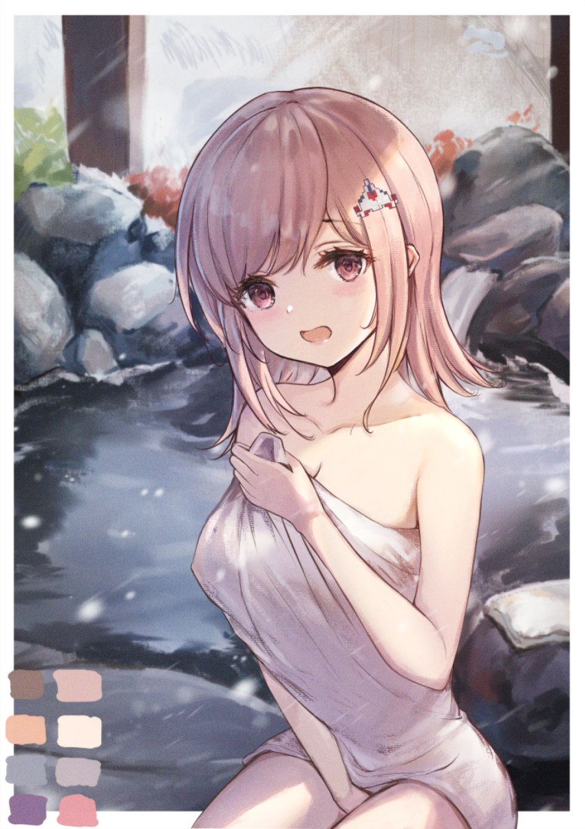 1girl, alternate_costume, bare_shoulders, between_legs, border, breasts, collarbone, danganronpa_(series), danganronpa_2:_goodbye_despair, hair_ornament, hand_between_legs, highres, holding, holding_towel, joshu, large_breasts, long_hair, looking_at_viewer, medium_hair, nanami_chiaki, onsen, outdoors, rock, smile, solo, towel, water, white_border
