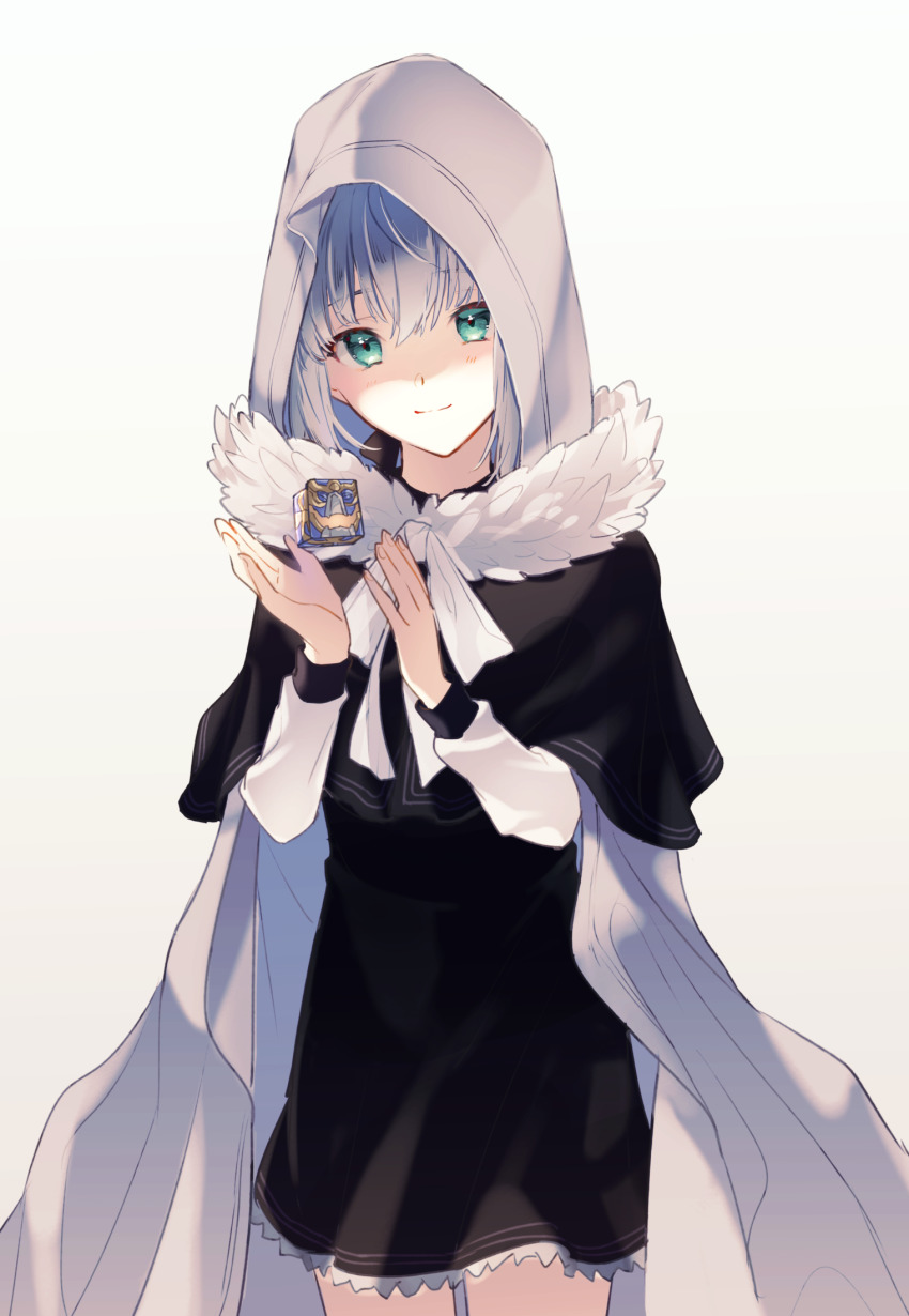 1girl, aqua_eyes, black_capelet, black_dress, cape, capelet, closed_mouth, cowboy_shot