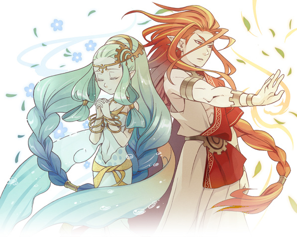 1boy, 1girl, aqua_hair, armlet, bad_id, bad_pixiv_id, bare_shoulders, bokujou_monogatari, bokujou_monogatari:_waku_waku_animal_march, bokujou_monogatari:_yasuragi_no_ki, bracer, braid, braided_ponytail, circlet, closed_eyes, cowboy_shot, earrings, fins, floating_hair, flower, gears, hair_between_eyes, hair_pulled_back, hair_rings, hair_slicked_back, half-closed_eyes, jewelry, kami-sama_(bokujou_monogatari), long_hair, looking_away, magic, megami-sama_(bokujou_monogatari), navel, orange_eyes, orange_hair, outstretched_arm, own_hands_together, parted_lips, pointy_ears, ponytail, praying, robe, sash, sidelocks, single_braid, smile, split_ponytail, tabard, ttk_(ehohmaki), twin_braids, very_long_hair, water, water_drop, white_background, wind