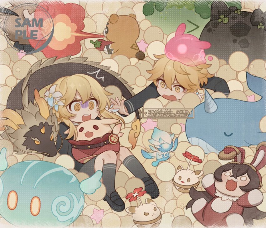 >_<, 1boy, 1girl, :o, @_@, ^^^, aether_(genshin_impact), baron_bunny_(genshin_impact)