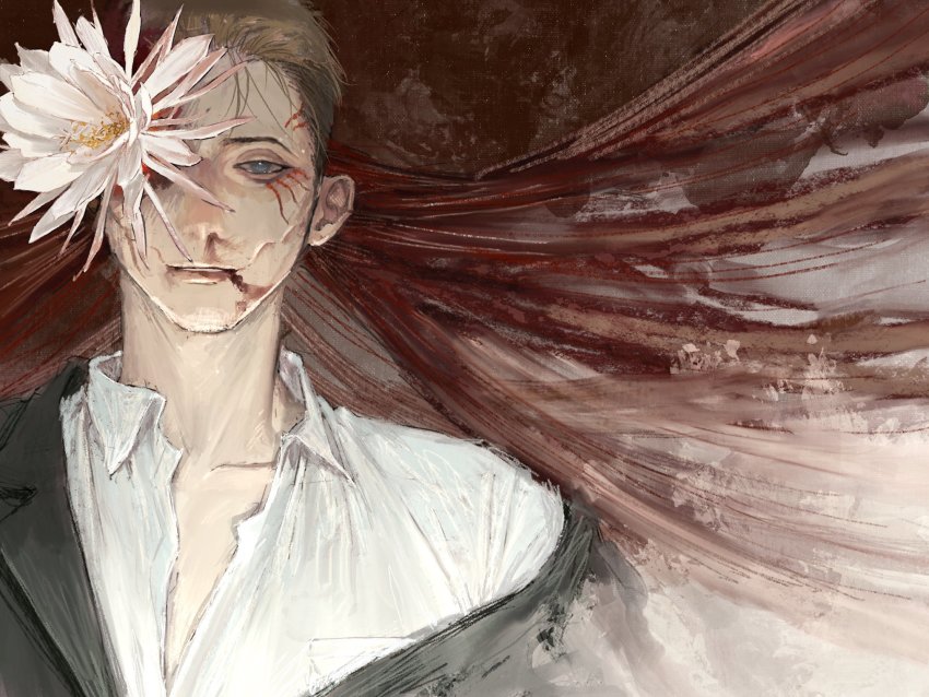 1boy, blood, brown_hair, collared_shirt, death, empty_eyes, flower, highres