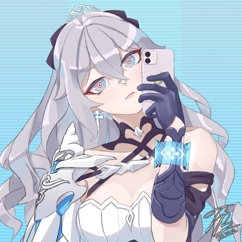 absurdres, armor, asymmetrical_gloves, breasts, bronya_zaychik, bronya_zaychik_(silverwing:_n-ex), cellphone, cross, cross_earrings, dress, drill_hair, earrings, gloves, grey_eyes, grey_hair, highres, holding, holding_phone, honkai_(series), honkai_impact_3rd, jewelry, large_breasts, mismatched_gloves, pauldrons, phone, shoulder_armor, simple_background, single_pauldron, single_sleeve, sleeveless, sleeveless_dress, tiara, twin_drills, vividambitions, white_dress, white_sleeves