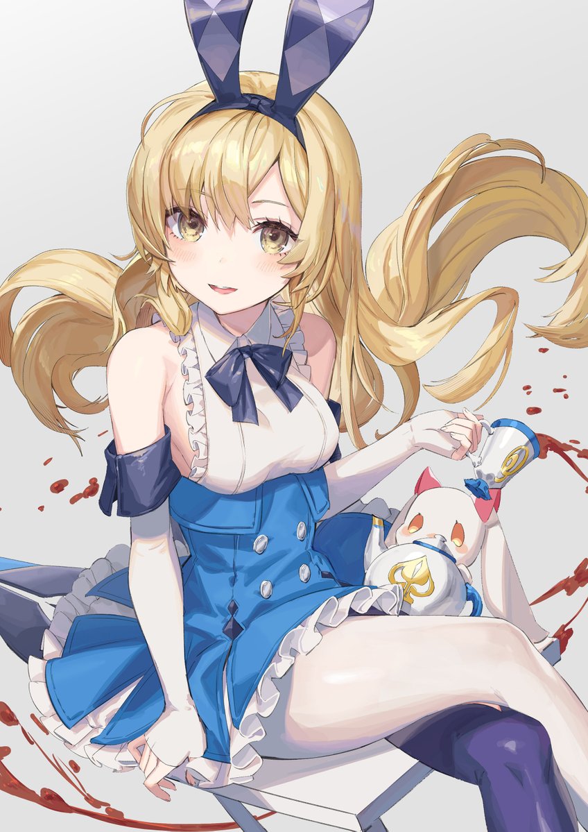 1girl, alice_(masterwork_apocalypse), animal_ear_headwear, animal_ears, asymmetrical_legwear, blonde_hair, blue_bow, blue_bowtie