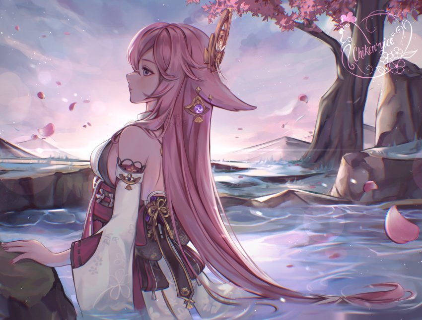 1girl, breasts, cherry_blossoms, chikenryice, detached_sleeves, from_side, genshin_impact, hair_ornament