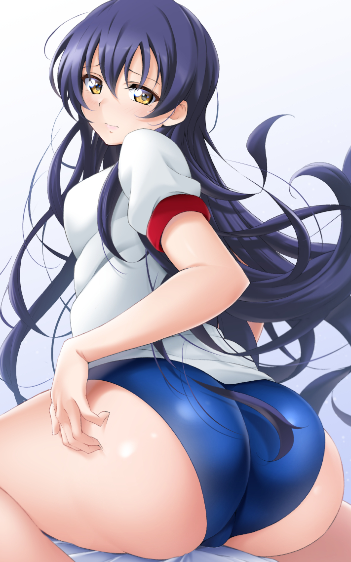 1girl, ass, ass_focus, back, blue_buruma, blue_hair, blush, buruma