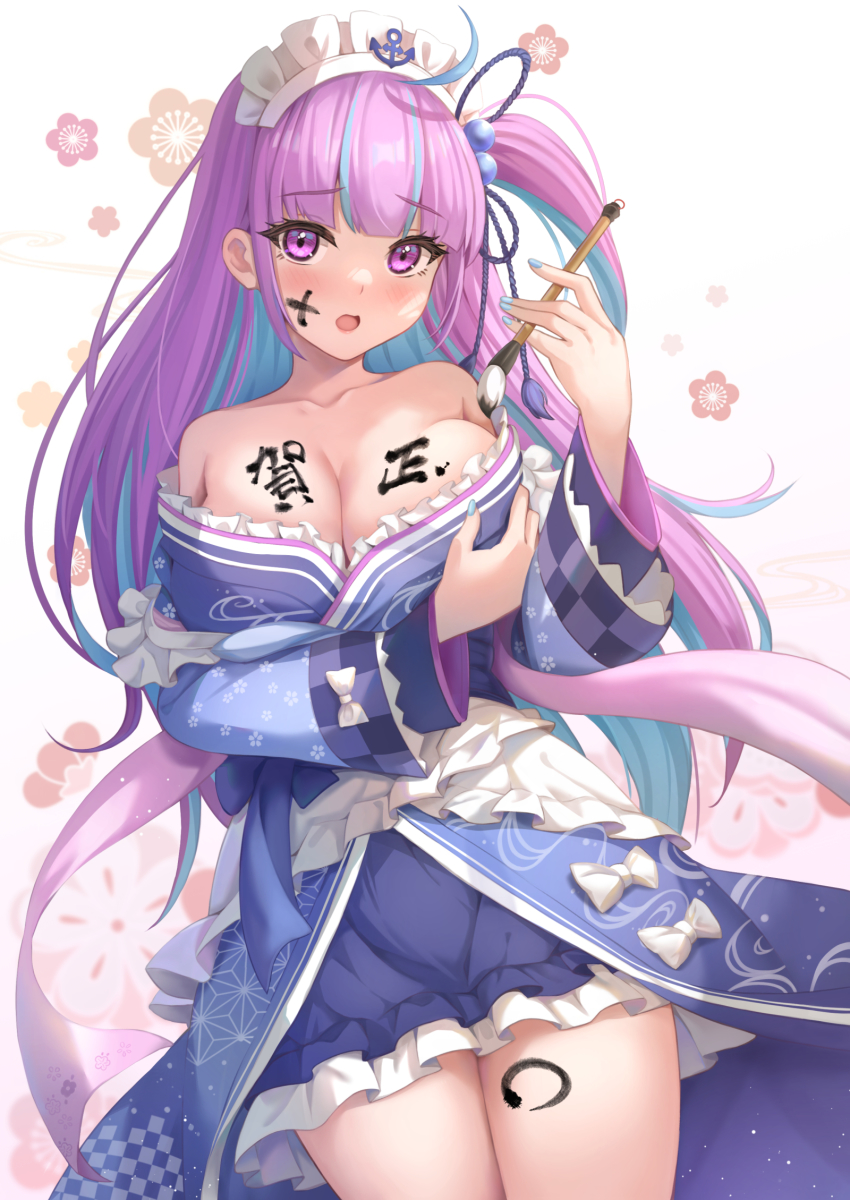 1girl, :o, ahoge, anchor_symbol, blue_hair, blue_kimono, blue_nails, blush, body_writing, bodypaint, breast_hold, breasts, calligraphy_brush, cleavage, collarbone, commentary_request, cowboy_shot, facepaint, floral_background, frilled_kimono, frills, hair_ribbon, highres, holding, holding_brush, hololive, japanese_clothes, keikei_(kitty_colors), kimono, kimono_pull, large_breasts, long_hair, long_sleeves, looking_at_viewer, maid_headdress, minato_aqua, minato_aqua_(new_year), multicolored_hair, nail_polish, one_side_up, open_mouth, paintbrush, purple_eyes, purple_hair, purple_ribbon, ribbon, solo, translated, two-tone_hair, very_long_hair, virtual_youtuber, white_background
