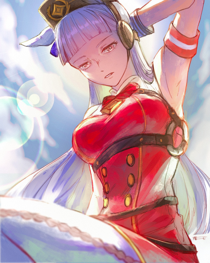 1girl, animal_ears, arm_behind_head, backlighting, breast_strap, breasts, brown_eyes, brown_headwear